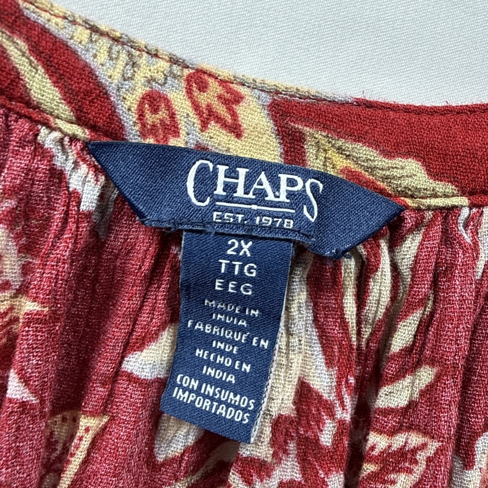Chaps Women's Top Size 2X Plus Red Gold Floral Long‎ Sleeve Peasant V Neck Full - Picture 2 of 8